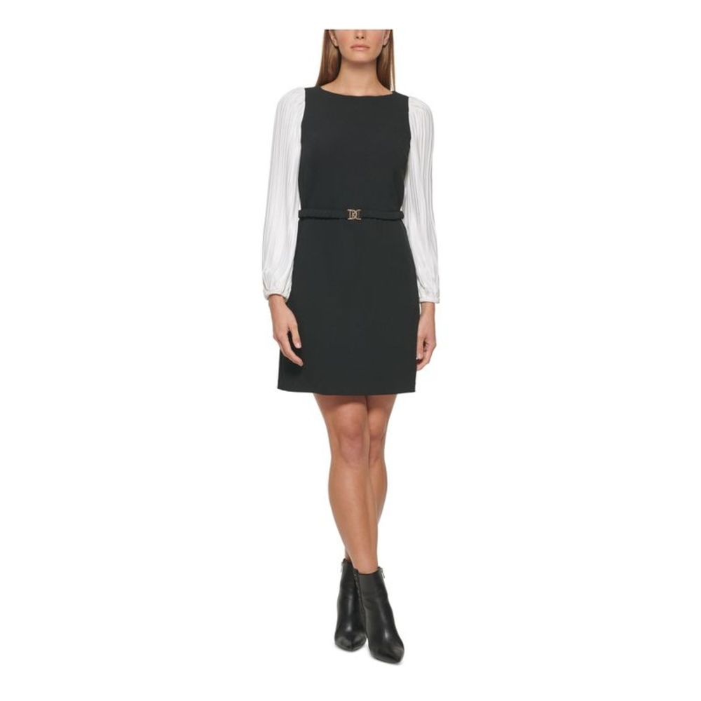 DKNY Womens Black Belted Long Sleeves Crew Neck Short Party Fit + Flare Dress 12